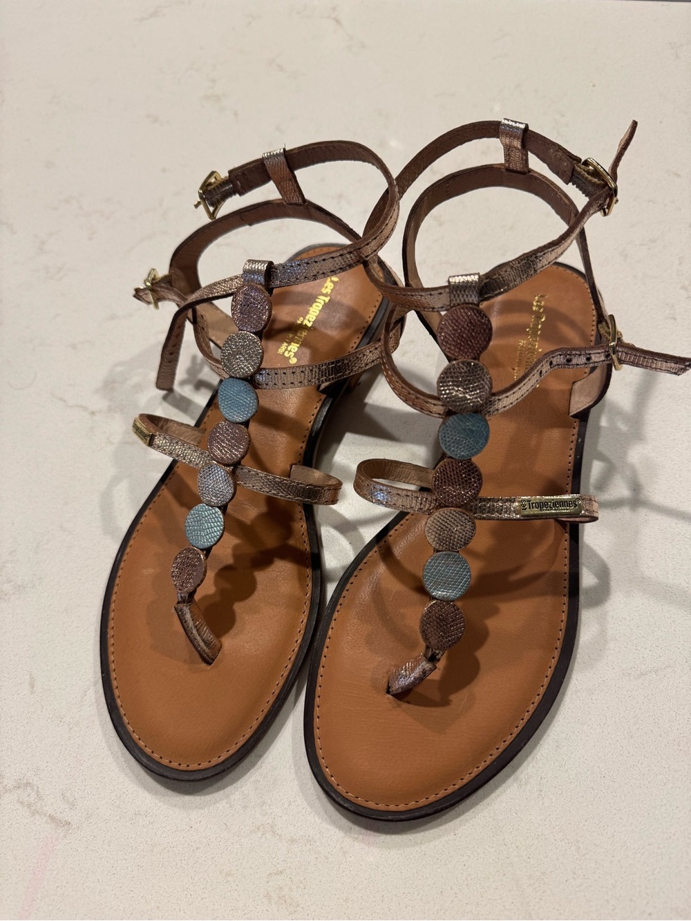Tropeziennes size 39Women’s Metallic Gold T-Strap Sandals - Picture 2 of 11